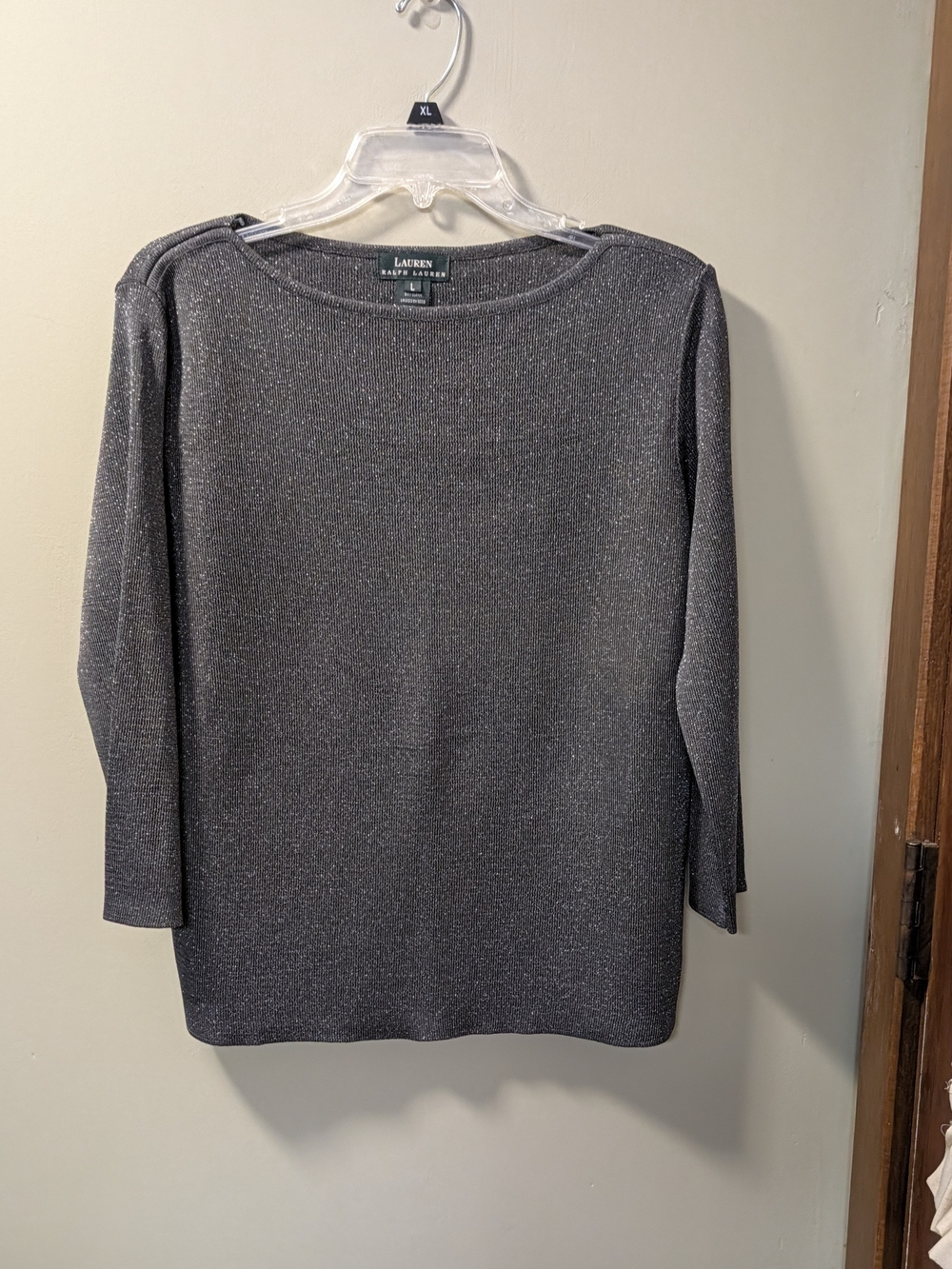 Lauren Ralph Lauren Silver Metallic Boat Neck 3/4 Sleeve Knit Sweater SZ Large